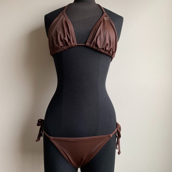 Billabong surf BLUE CRUSH Vintage bikini solid brown D cup Small bottom set RARE - Picture 7 of 7